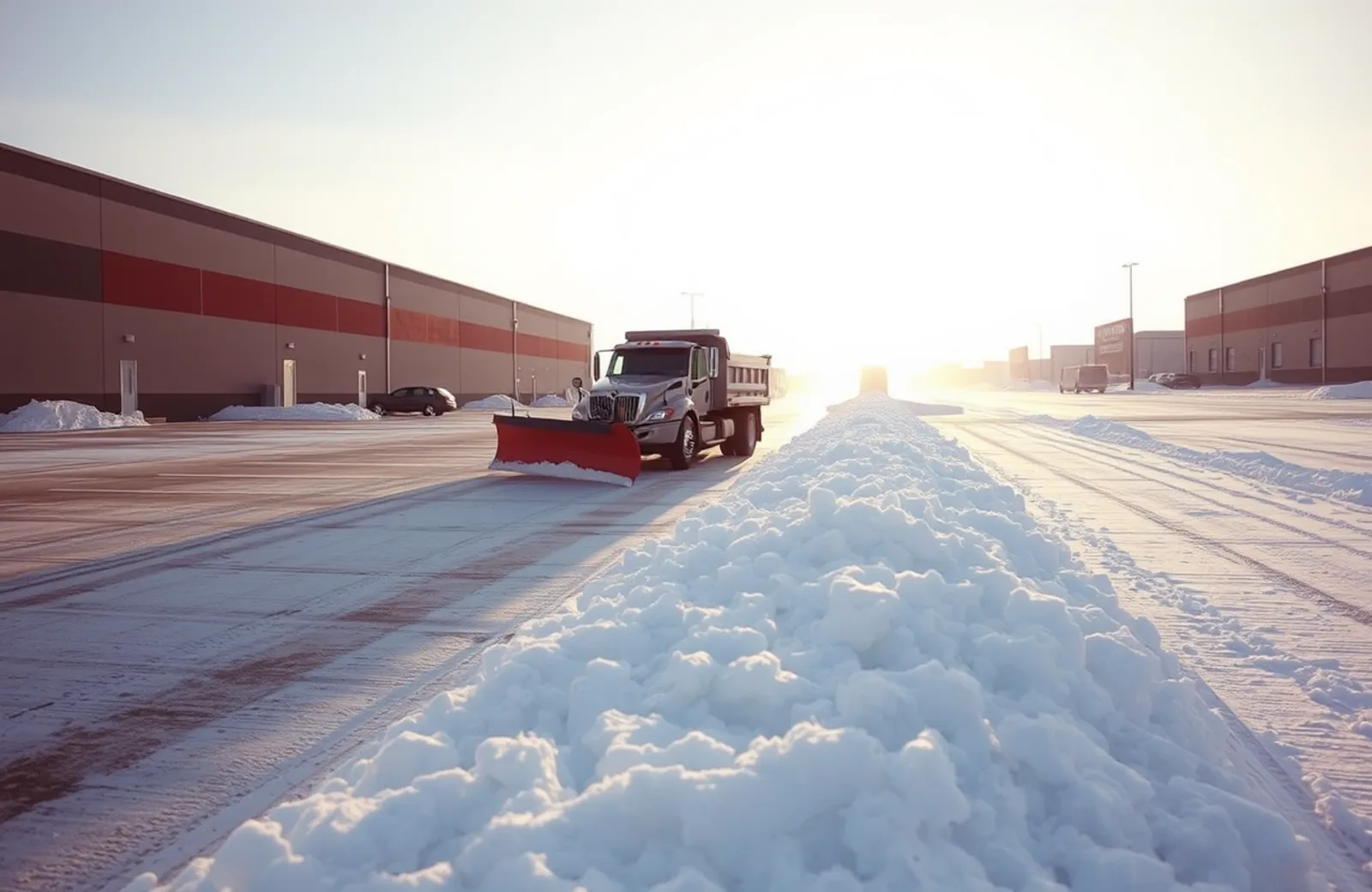 Snow plow truck clearing a commercial lot at first light
