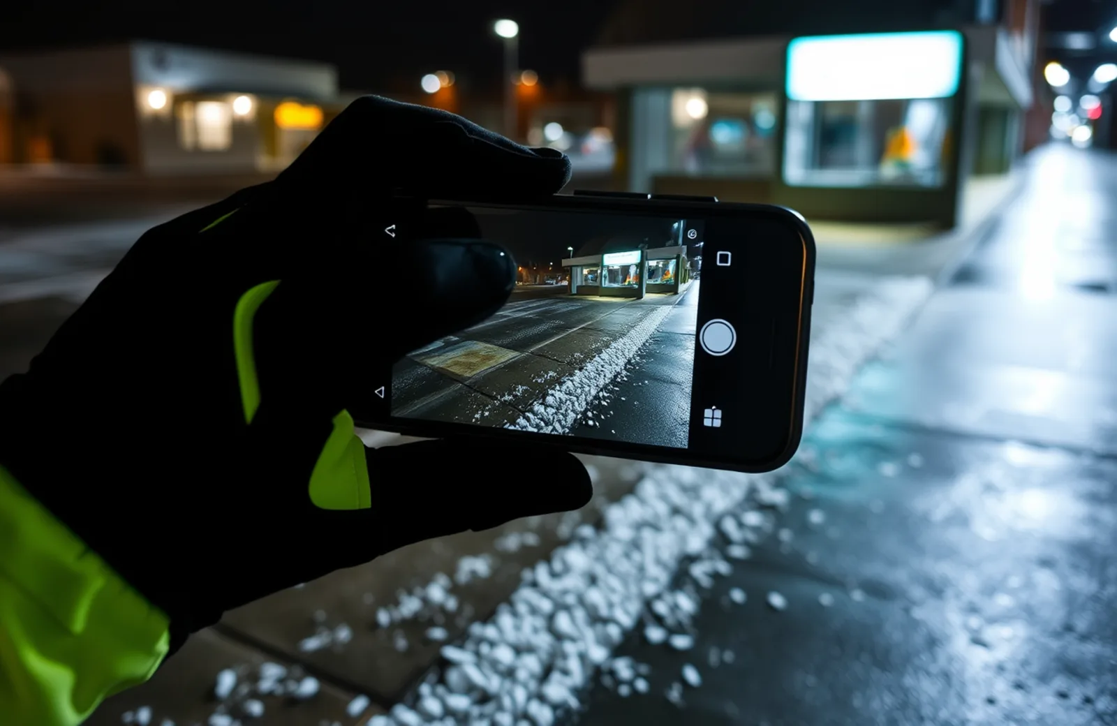 Salted commercial walkway photographed at night after clearing