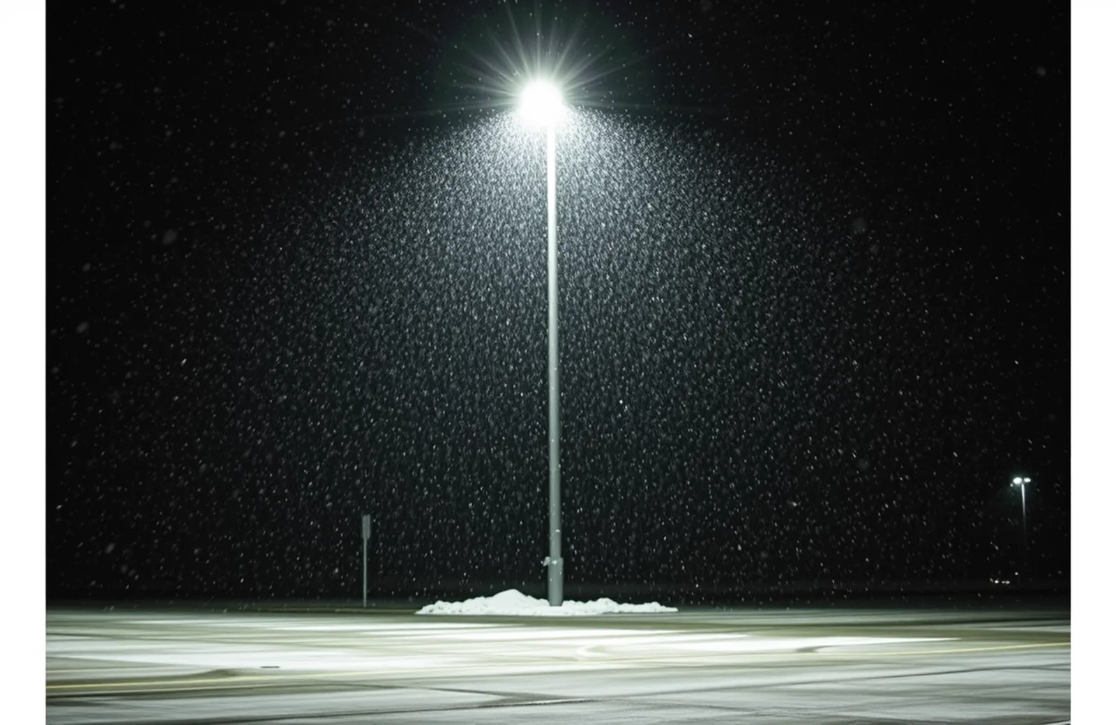 Plow truck working a commercial lot in heavy falling snow at night
