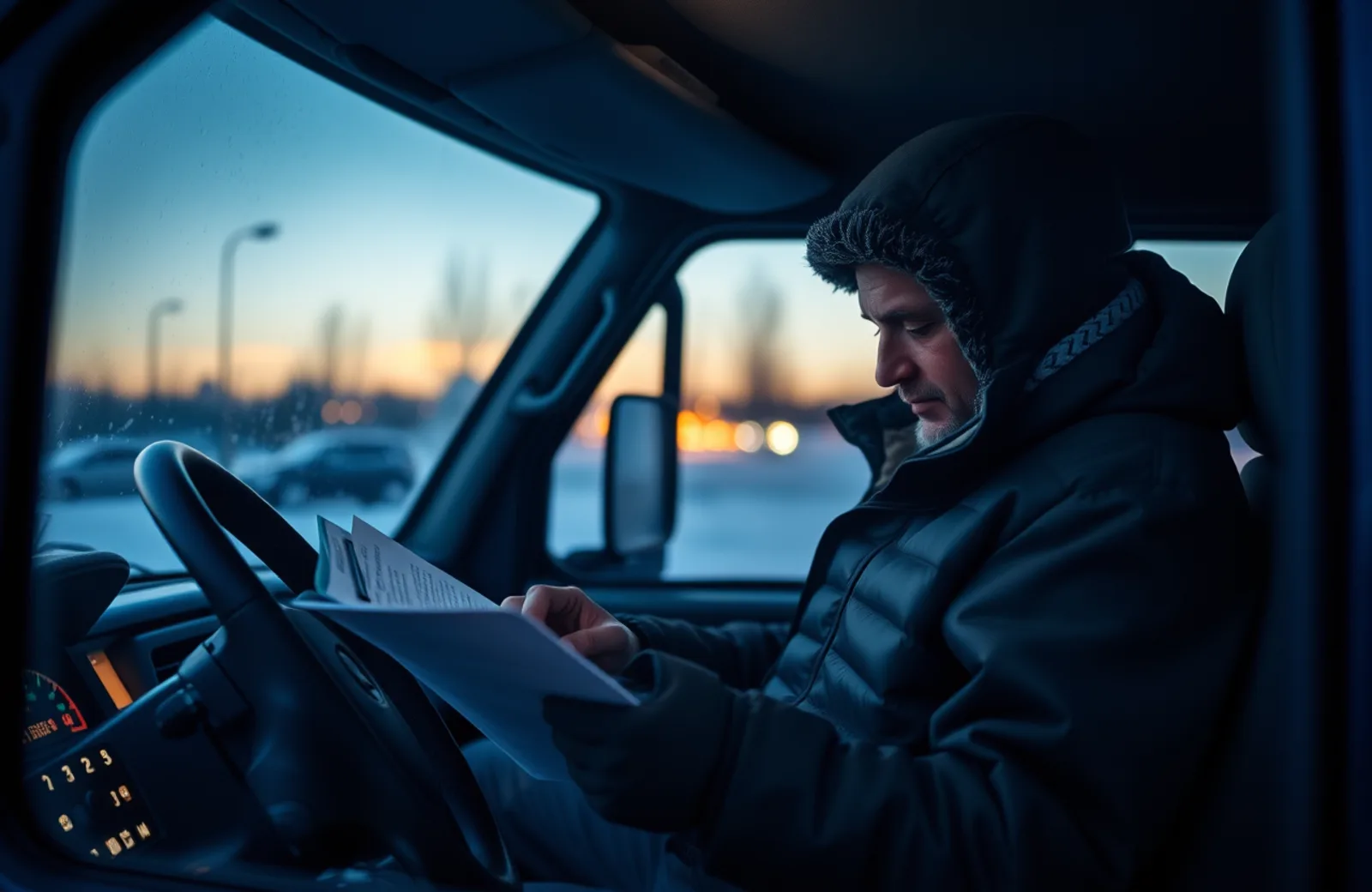 Contractor reviewing a snow services agreement at a desk