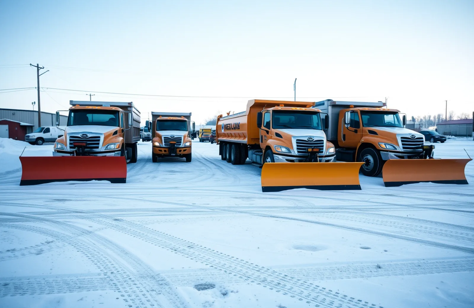 Row of plow trucks staged in a contractor yard before a storm