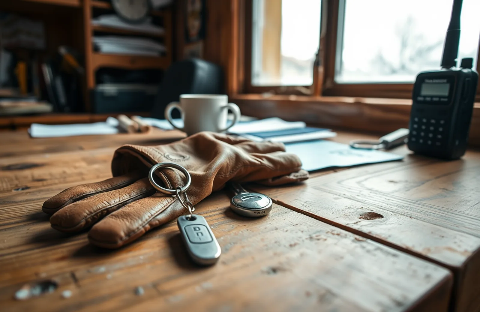 Snow removal service contract and certificate of insurance on a desk beside truck keys