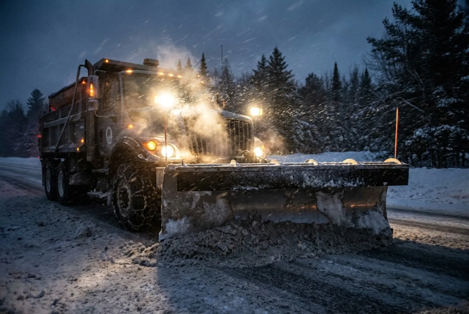 Pickup truck fitted with a snow plow blade and a bed-mounted salt spreader on a snowy road