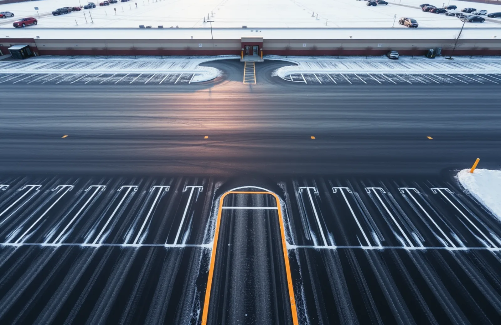 Plow trucks and salt spreaders staged in a contractor yard at blue hour before a storm