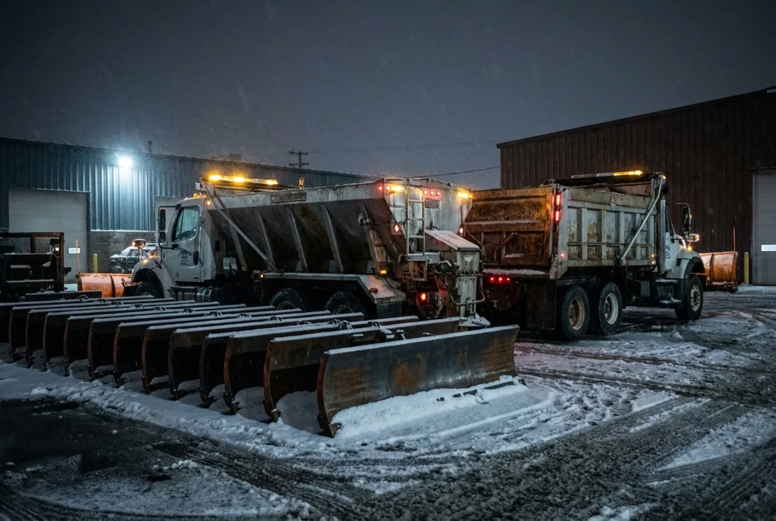 Skid steer with a snow pusher attachment and a salt spreader parked in a contractor yard