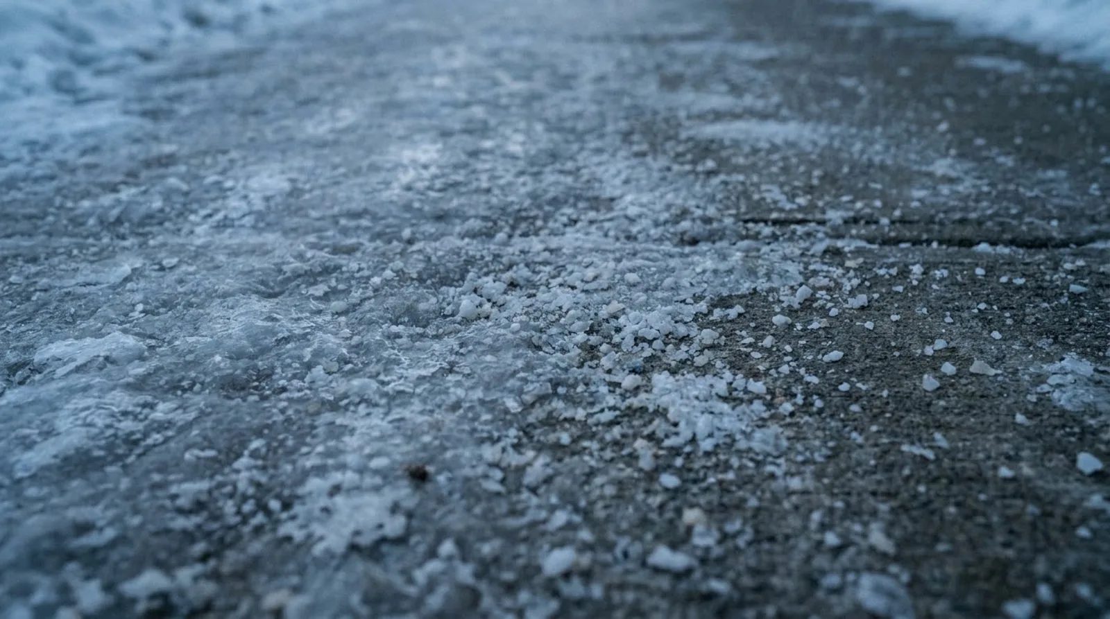 Icy commercial walkway at night with salt scattered across the surface