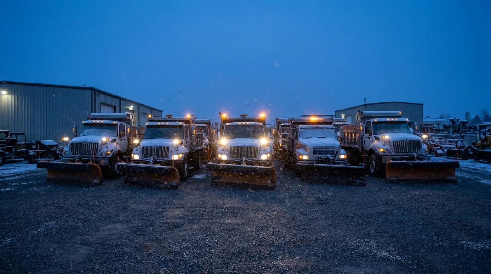 Large retail parking lot cleared of snow at dawn with plow windrows along the edges