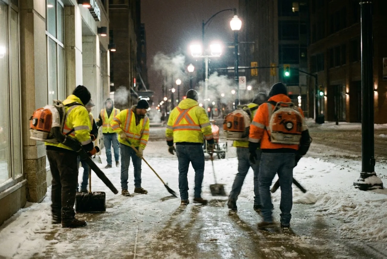 Sidewalk crew in high-visibility winter gear clearing a commercial walkway at night